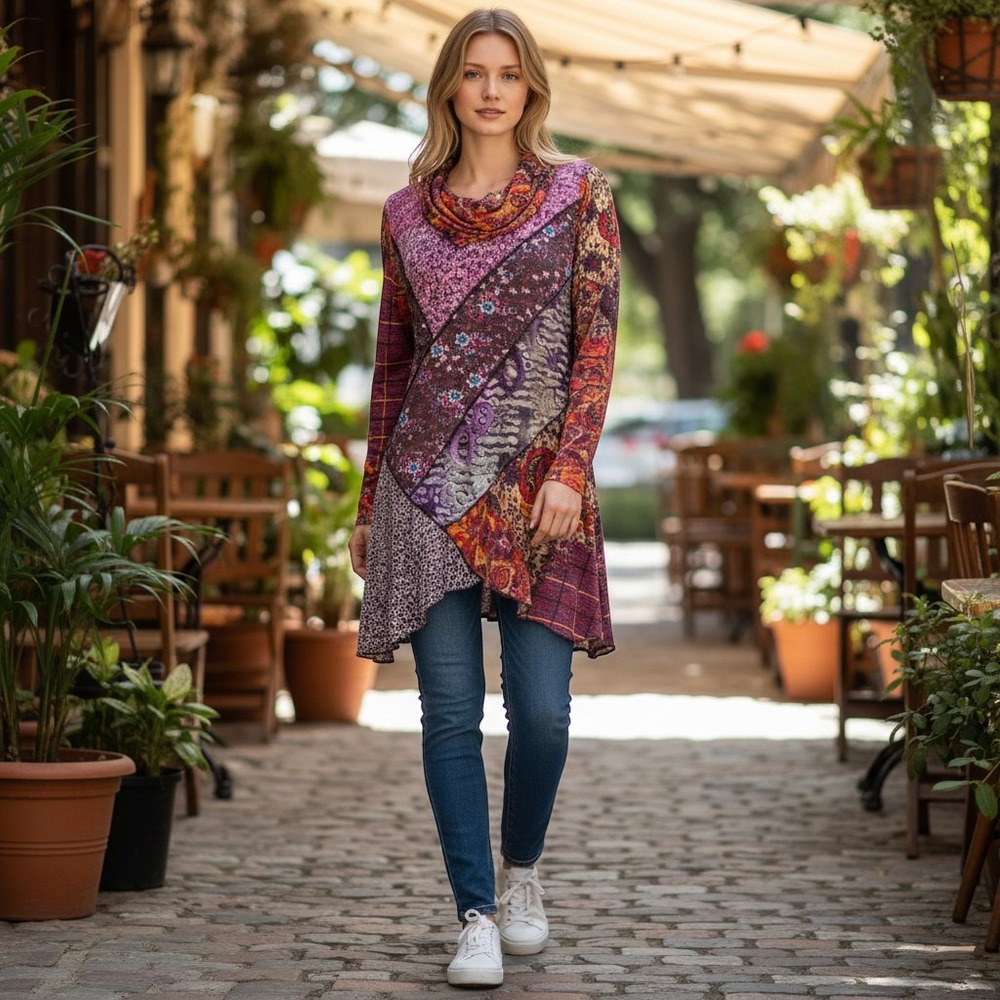 Feratelli Top Womens Medium Patchwork Paisley Purple Orange Acryli Knit Boho 90s